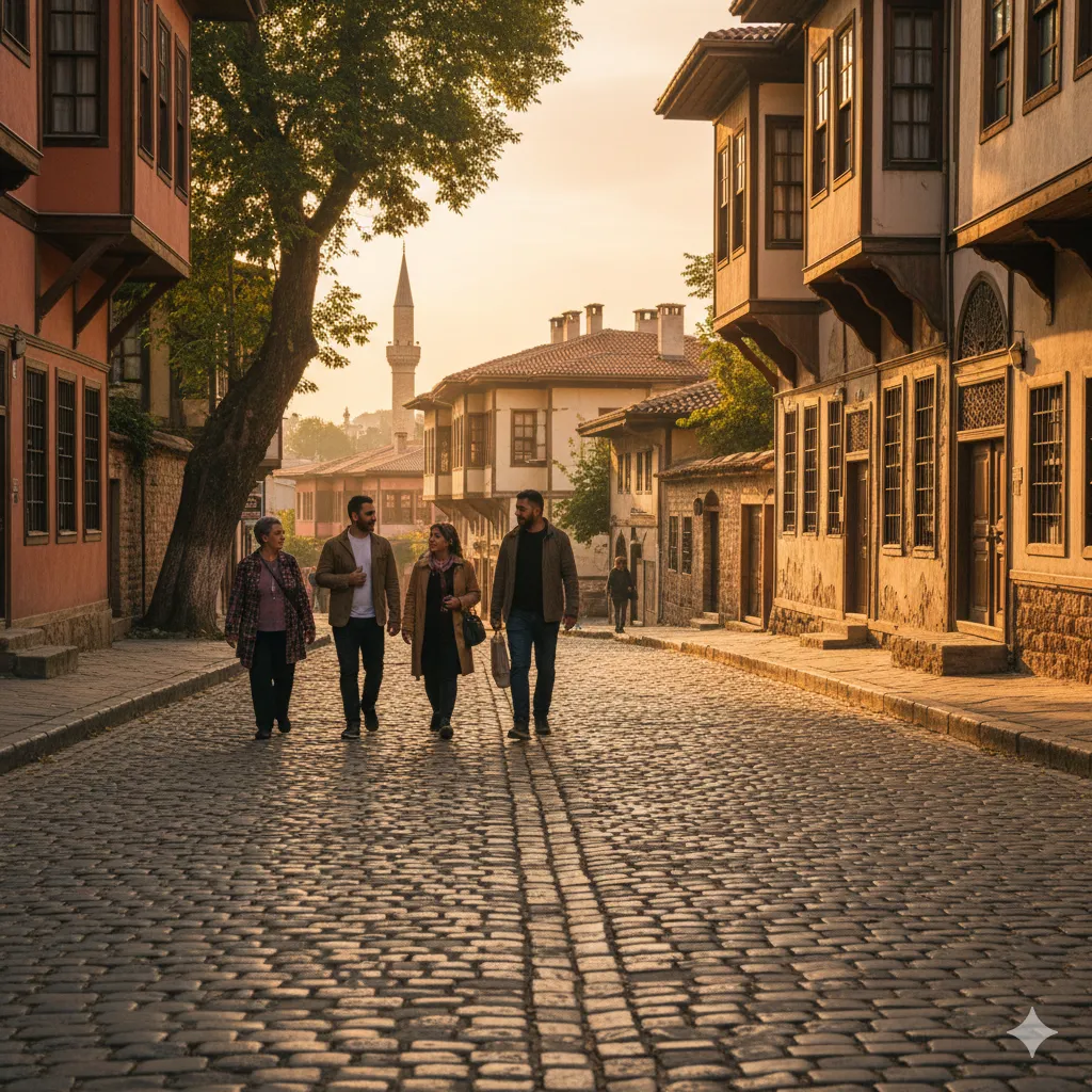 Edirne'de tarihi bir sokakta yürüyen insanlar