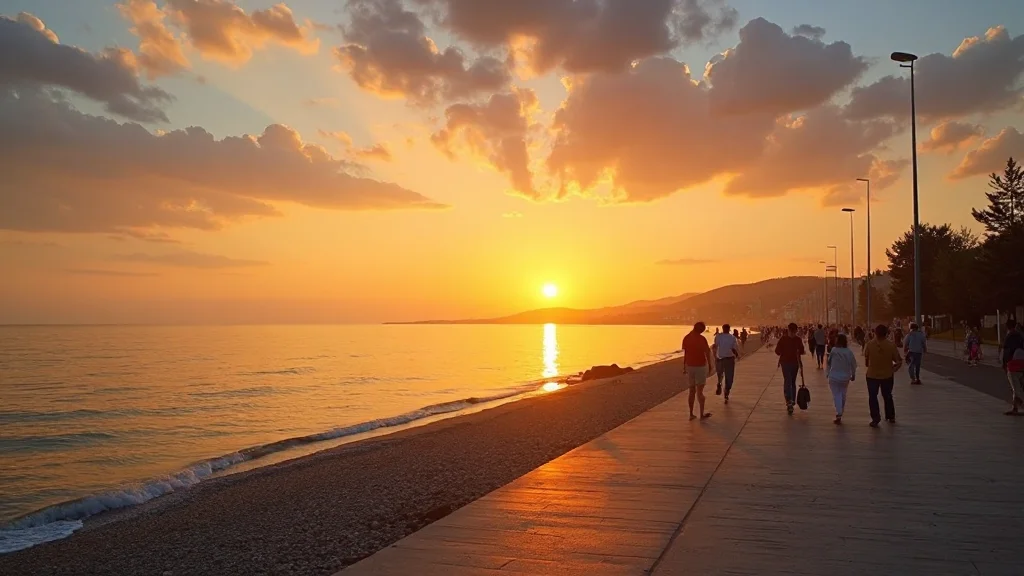 Samsun Atakum - Sunset over Atakum beach in Samsun, Turkey. People