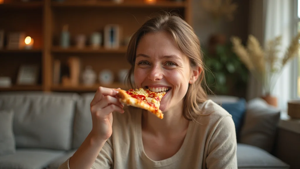 Samsun Atakum - A person smiling and enjoying a slice of pizza in